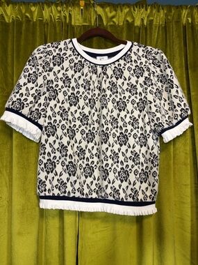 NWT Voy White & Black Roses Puff Sleeve Ruffle Corinne Blouse Small Retail $58